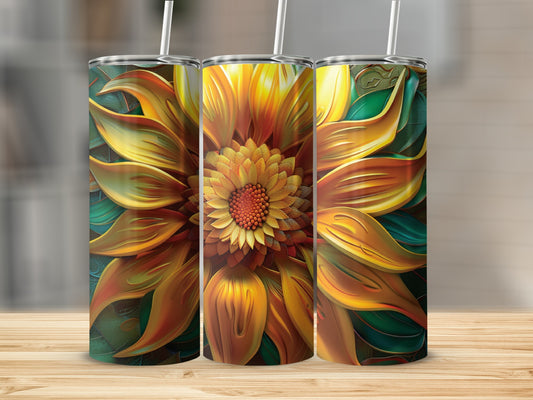 Three tumblers with a close-up, vibrant sunflower design.