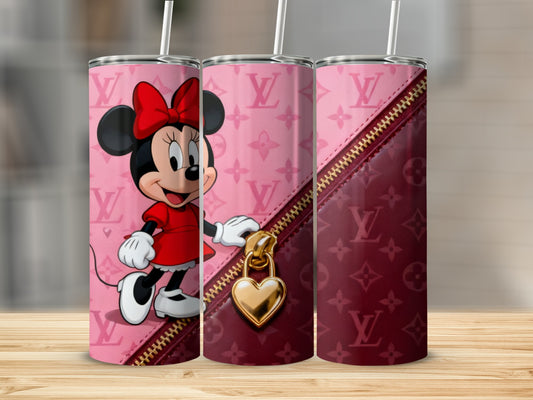 Minnie Mouse in a red dress with LV monogrammed background and a zippered purse.