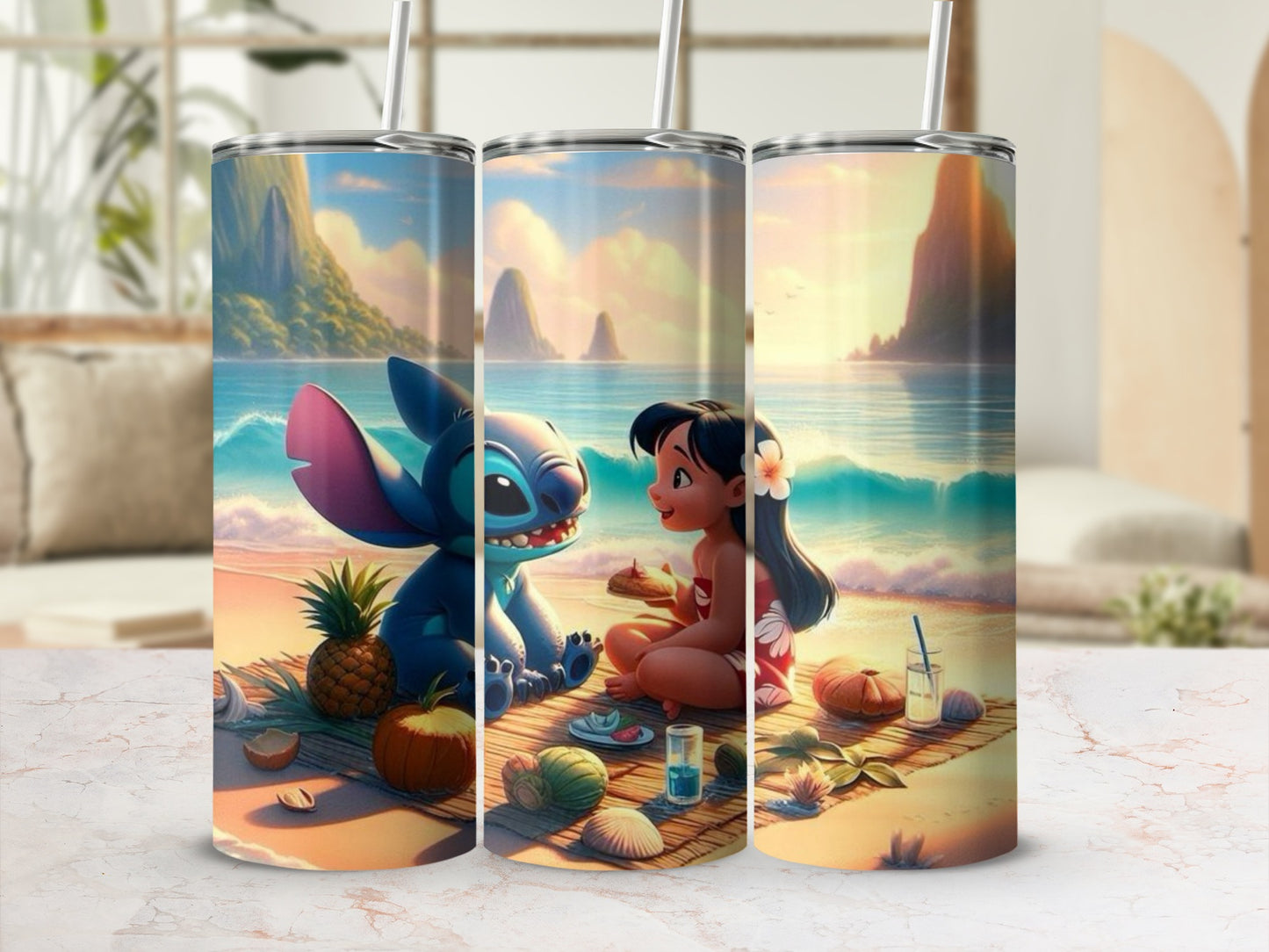 Tropical Beach Scene Cartoon Tumbler With Straw Product