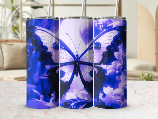 Three tumblers with a purple butterfly design on a blurred background.