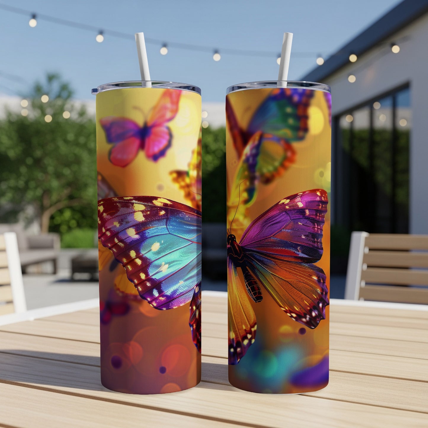 Two tumblers with colorful butterfly design, displayed outdoors on a table.