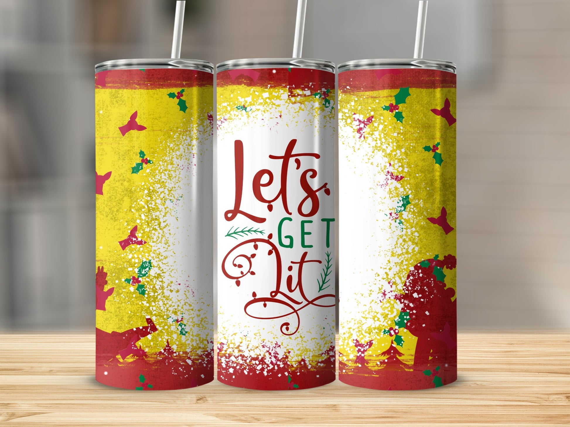 Three tumblers with "Let's Get Lit" design and Christmas motifs.