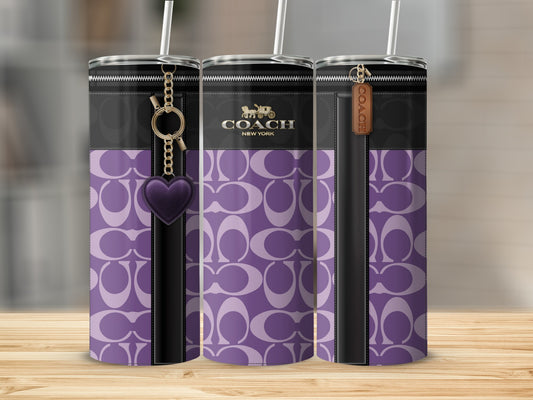 Purple Patterned Travel Tumbler with Zipper Design Attachment