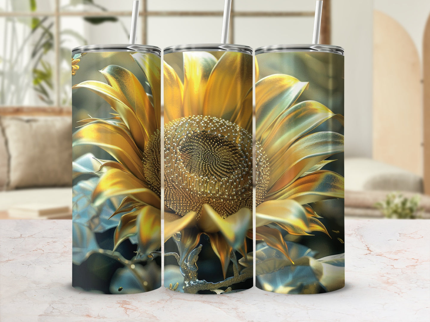 Golden sunflower bloom on a marble surface with blurred background.