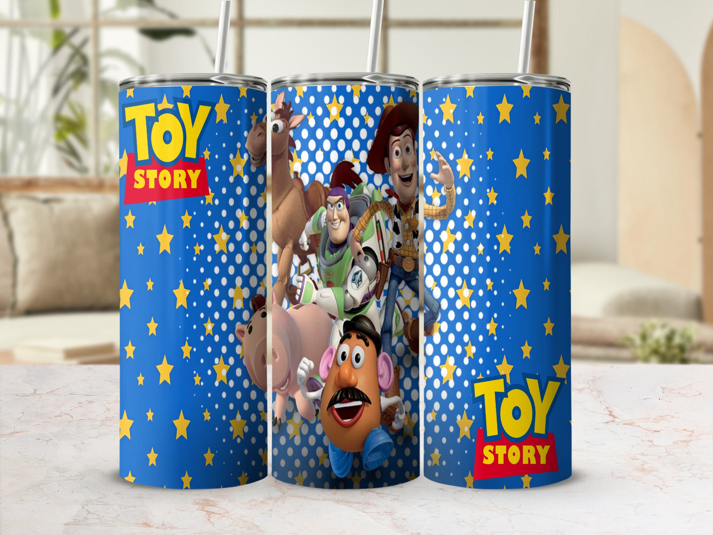 Toy Story characters on a blue tumbler with yellow stars.