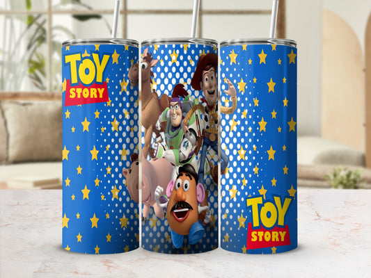 Toy Story characters on a blue tumbler with yellow stars.