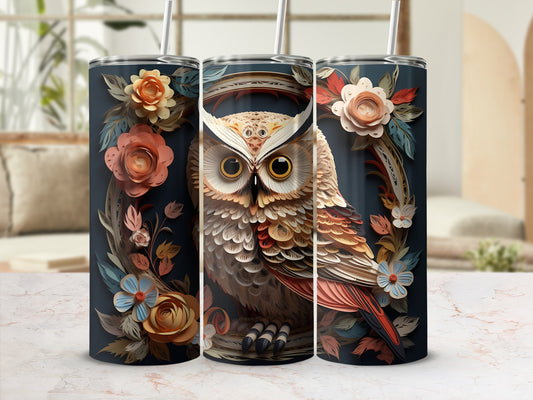 Owl with floral wreath design on three tumblers.