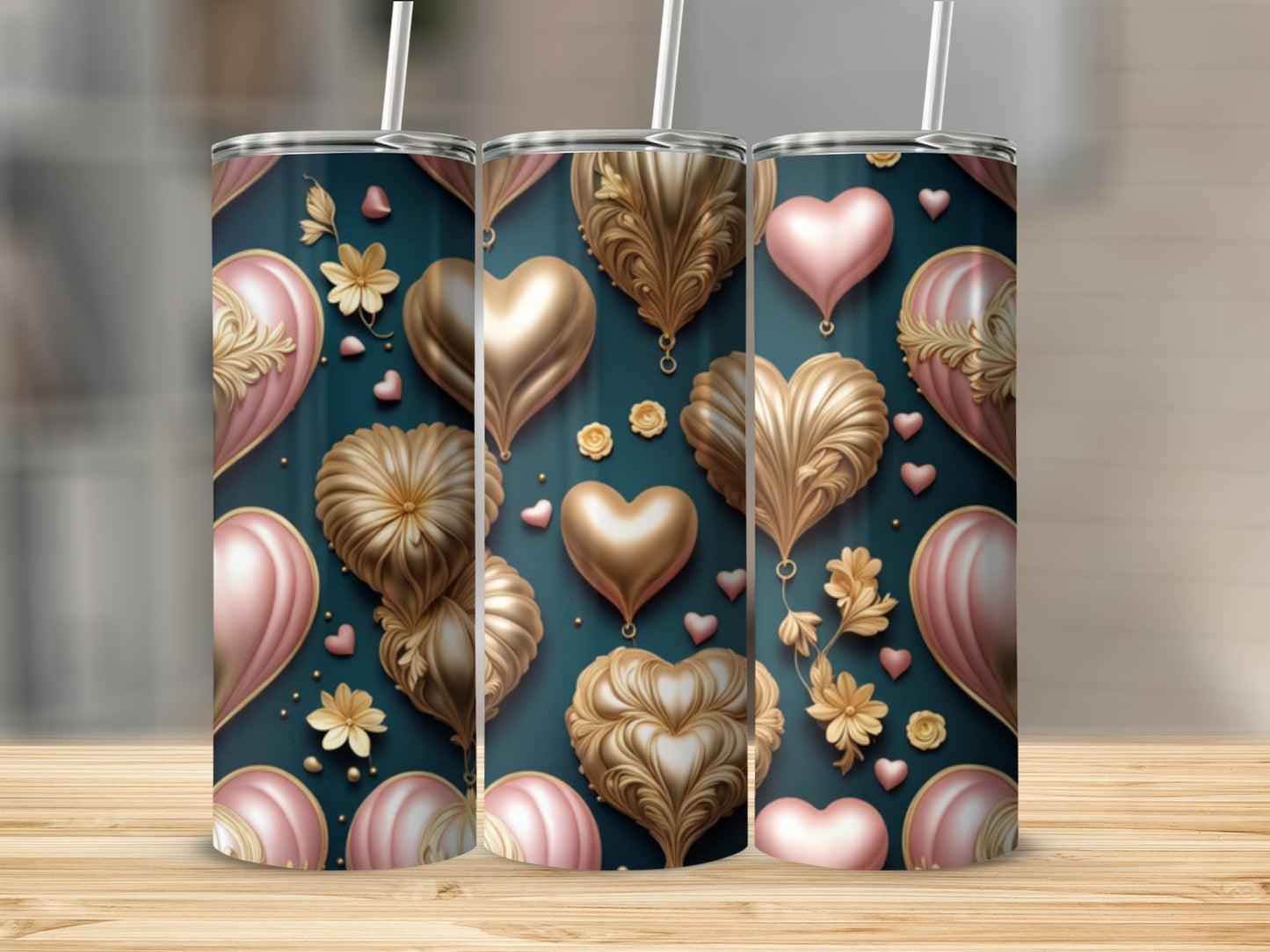 Seamless pattern of golden and blush hearts with floral accents on dark teal.