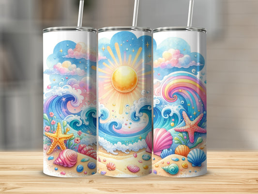 Beach scene with waves, seashells, starfish, and rainbow on three tumblers.