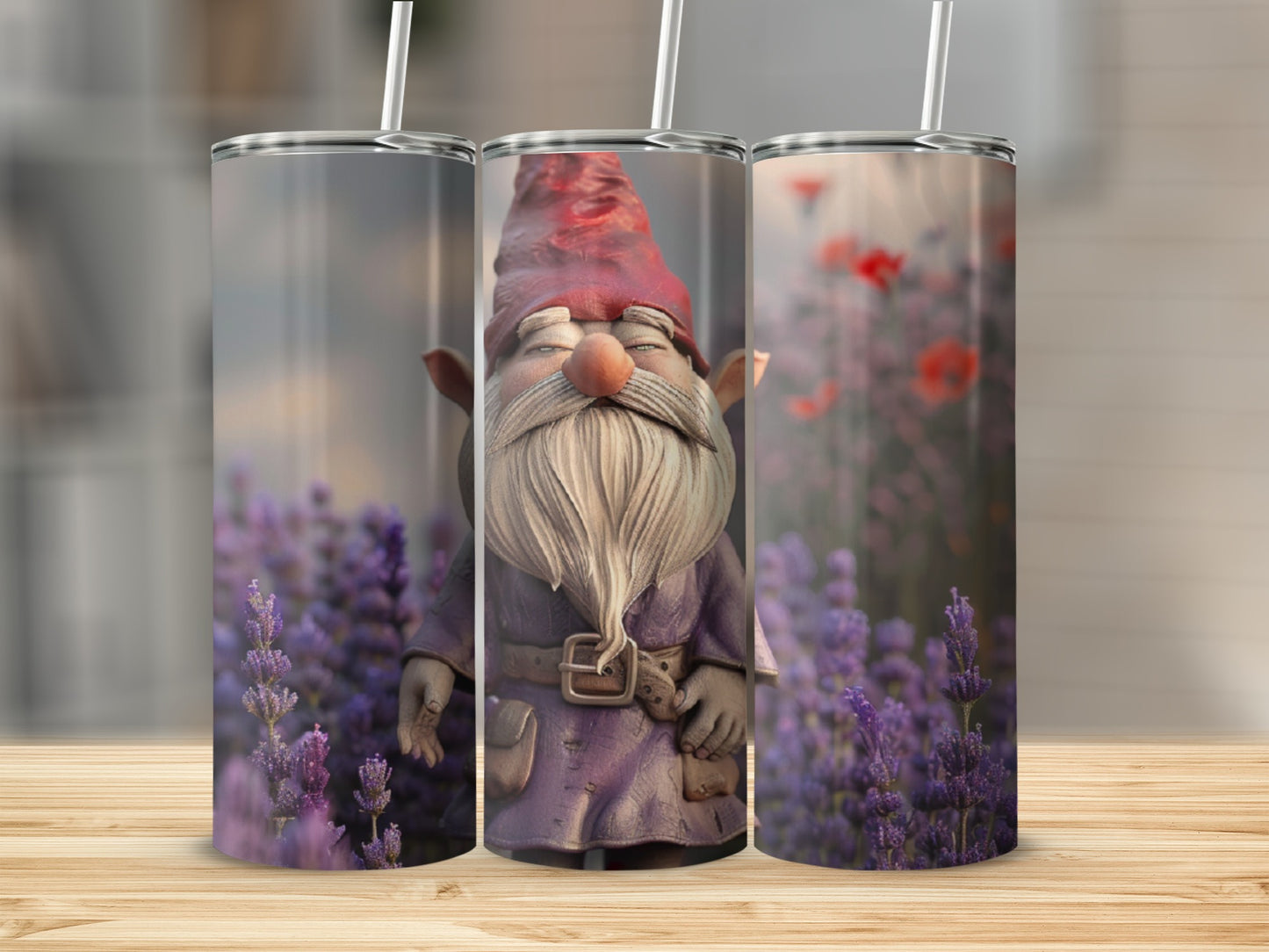 Gnome character with red hat and beard, surrounded by lavender and poppies.