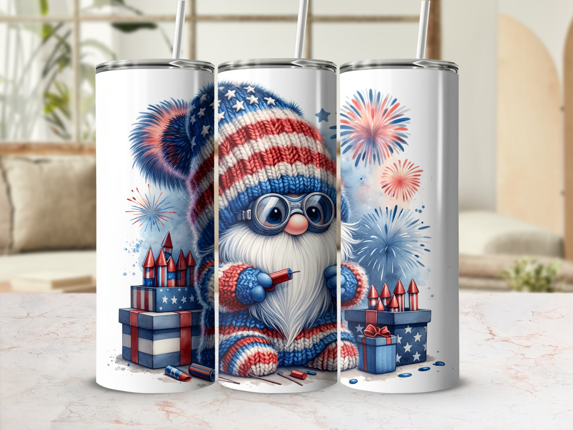 Gnome in patriotic attire holding sparkler with fireworks and gifts.
