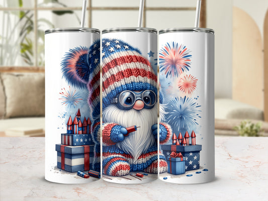 Gnome in patriotic attire holding sparkler with fireworks and gifts.