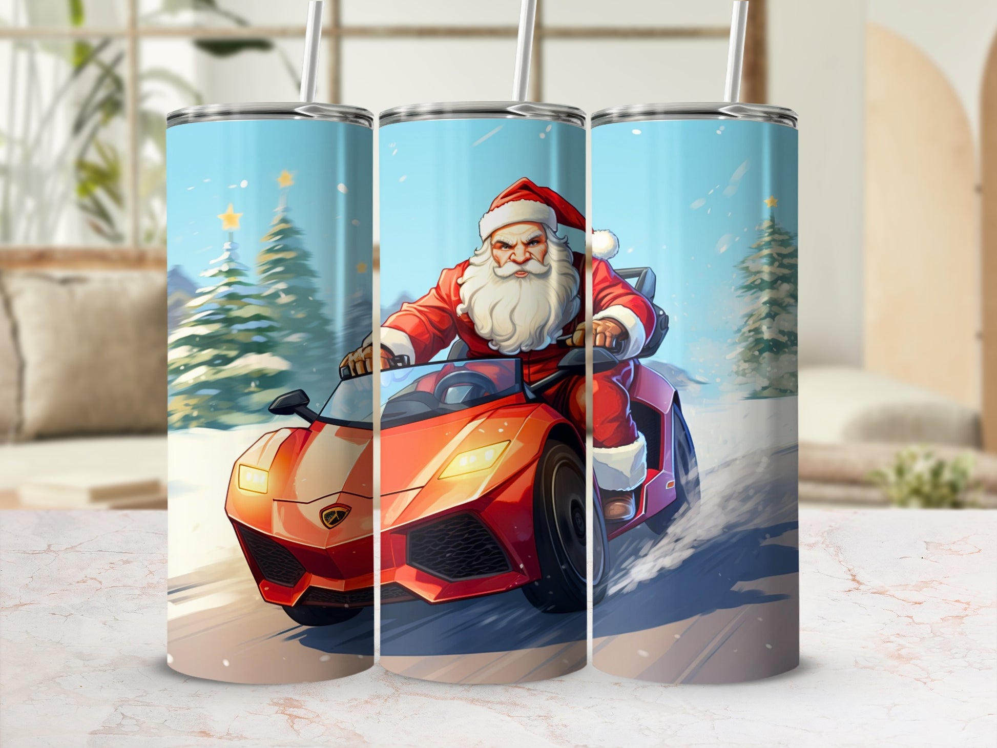 Santa Driving Sports Car Christmas Themed Holiday Tumbler