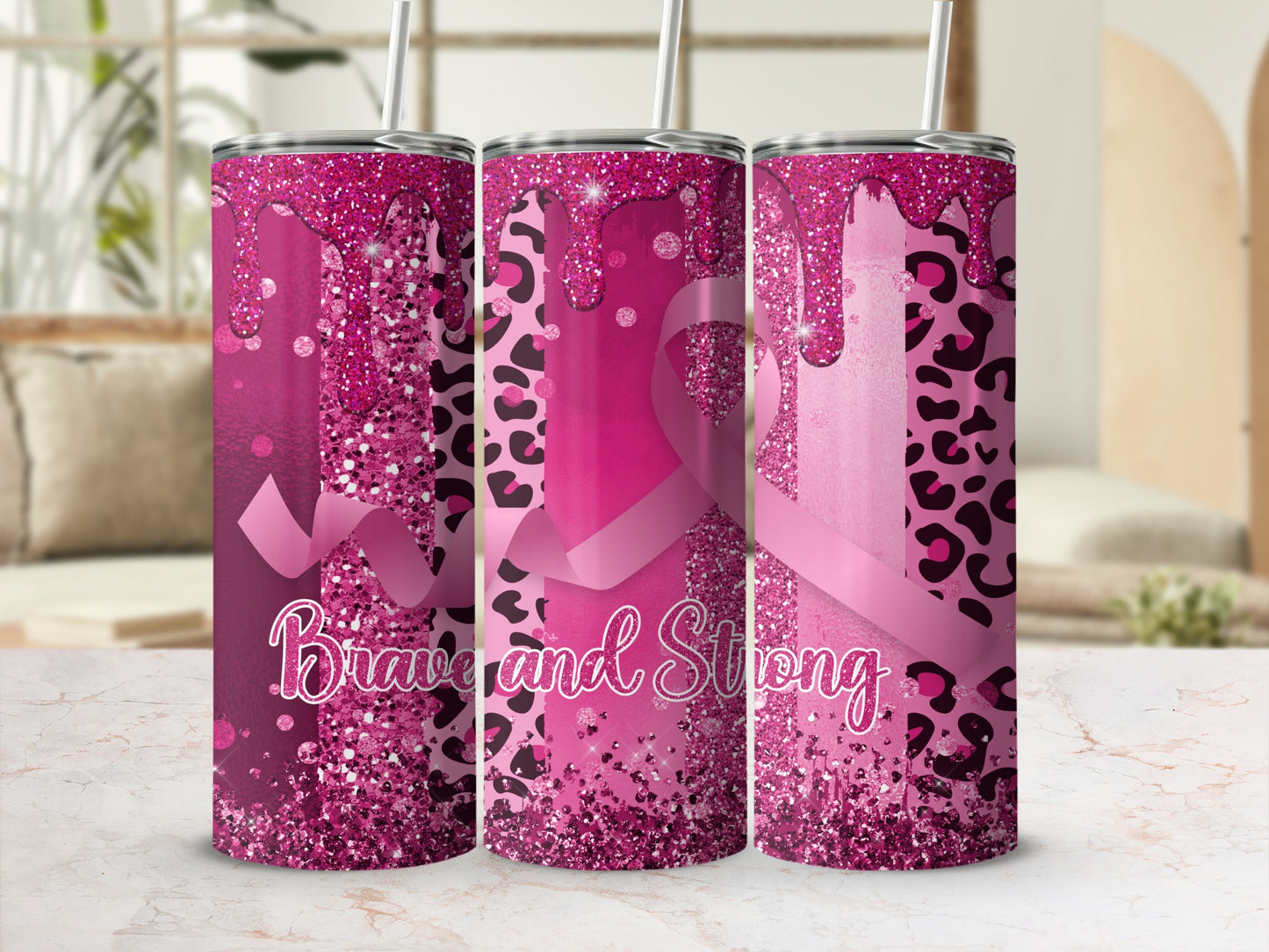 Pink leopard print tumbler with glitter drip and "Brave and Strong" text.