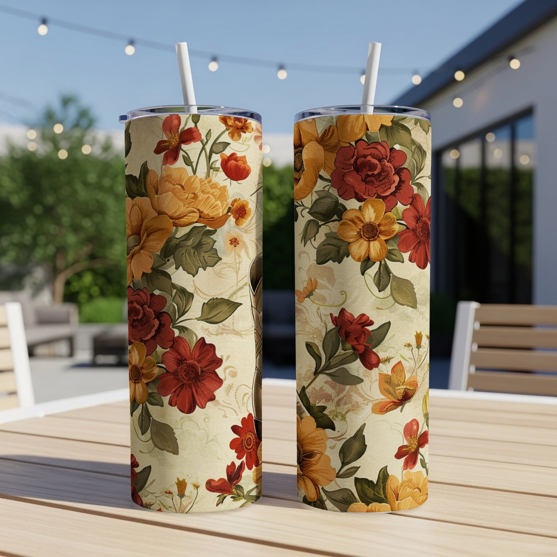 Two tumblers with floral pattern on outdoor table.