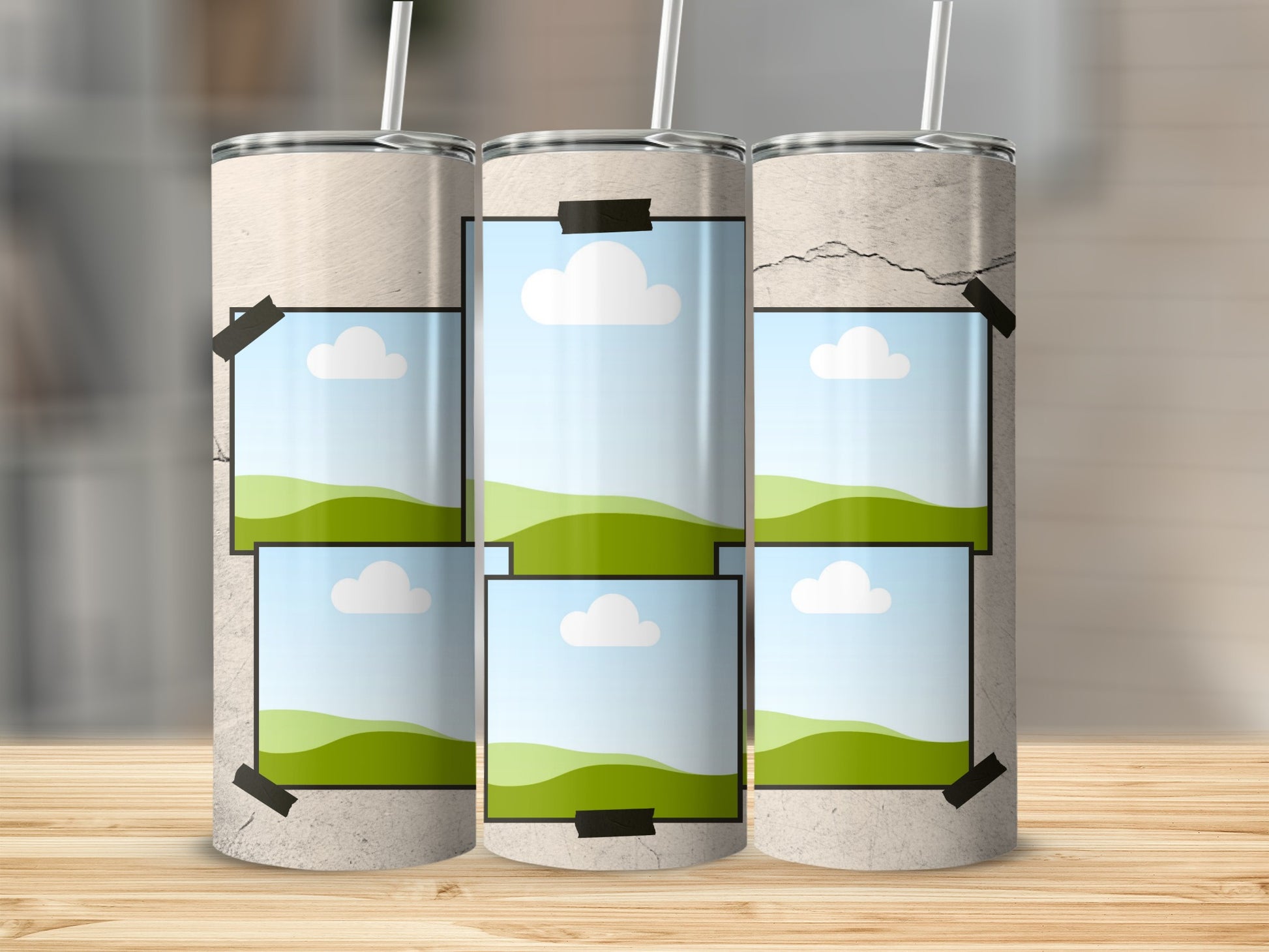 Three tumblers with a cracked concrete texture and photo frame designs.