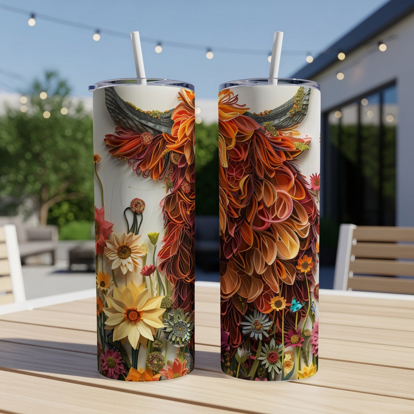 Two tall tumblers with a fiery phoenix and floral design.