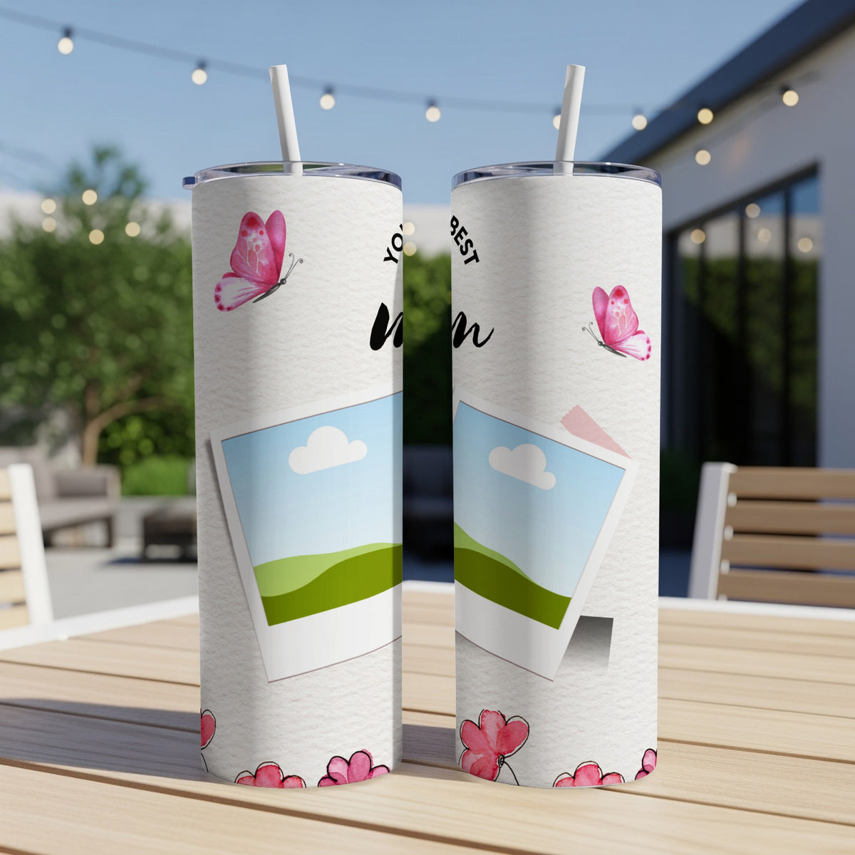 Two tumblers with pink butterflies, photo frames, and the text "YOU'RE THE BEST MOM".