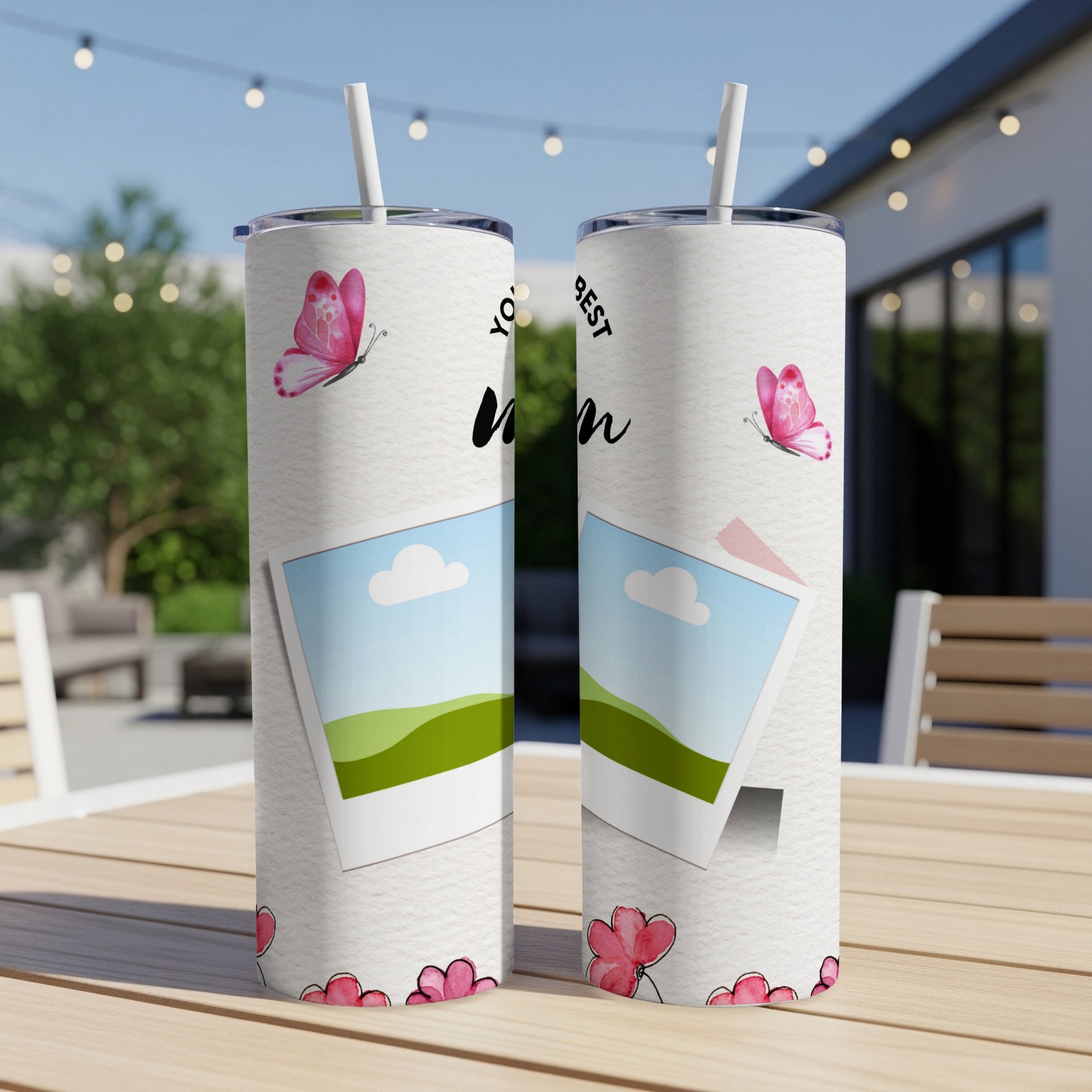 Two tumblers with pink butterflies, photo frames, and the text "YOU'RE THE BEST MOM".