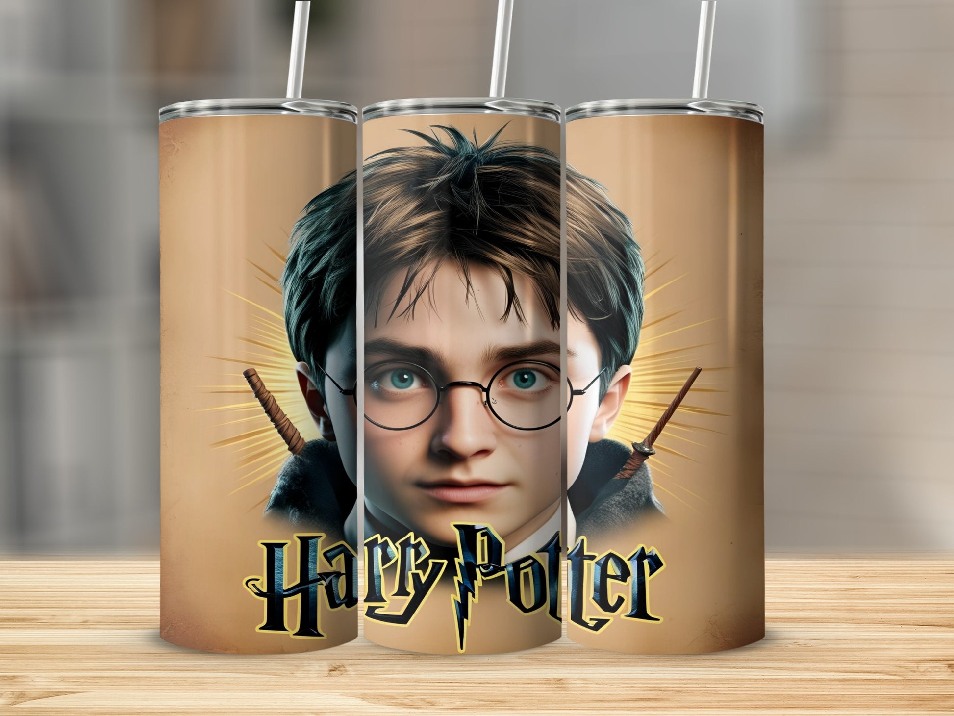 Harry Potter tumbler with lightning scar and wand.