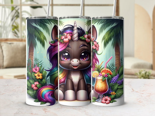 Cute cartoon unicorn with rainbow mane, surrounded by tropical flowers and fruit drinks.