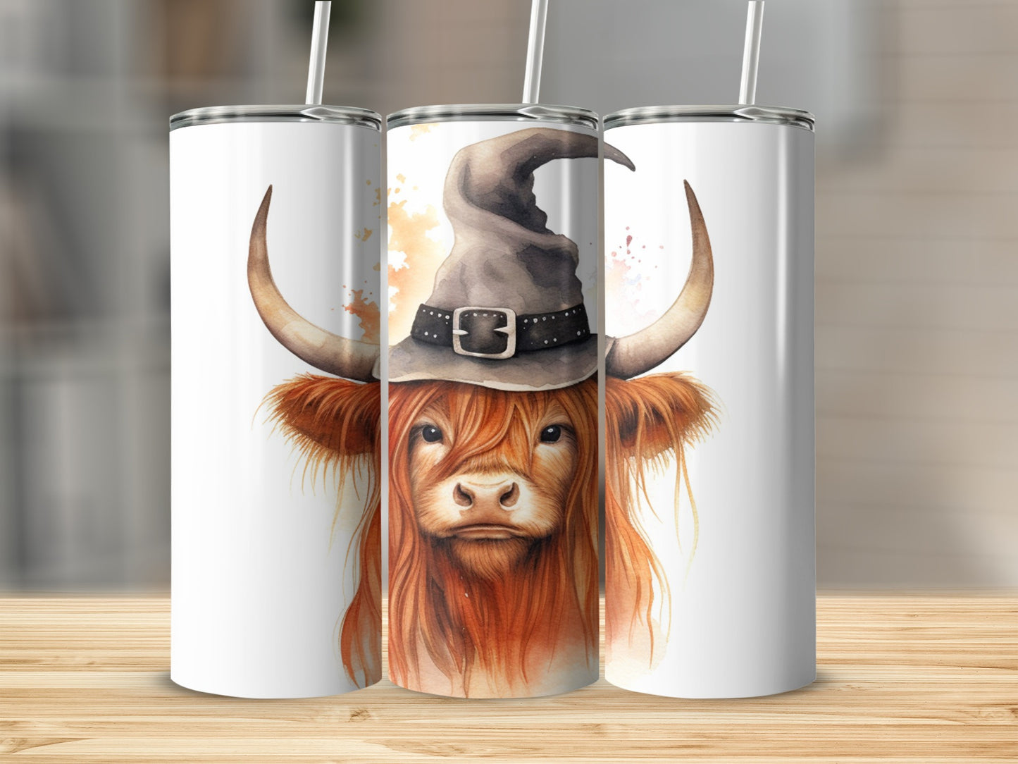 Highland cow wearing a witch hat, close-up watercolor illustration.