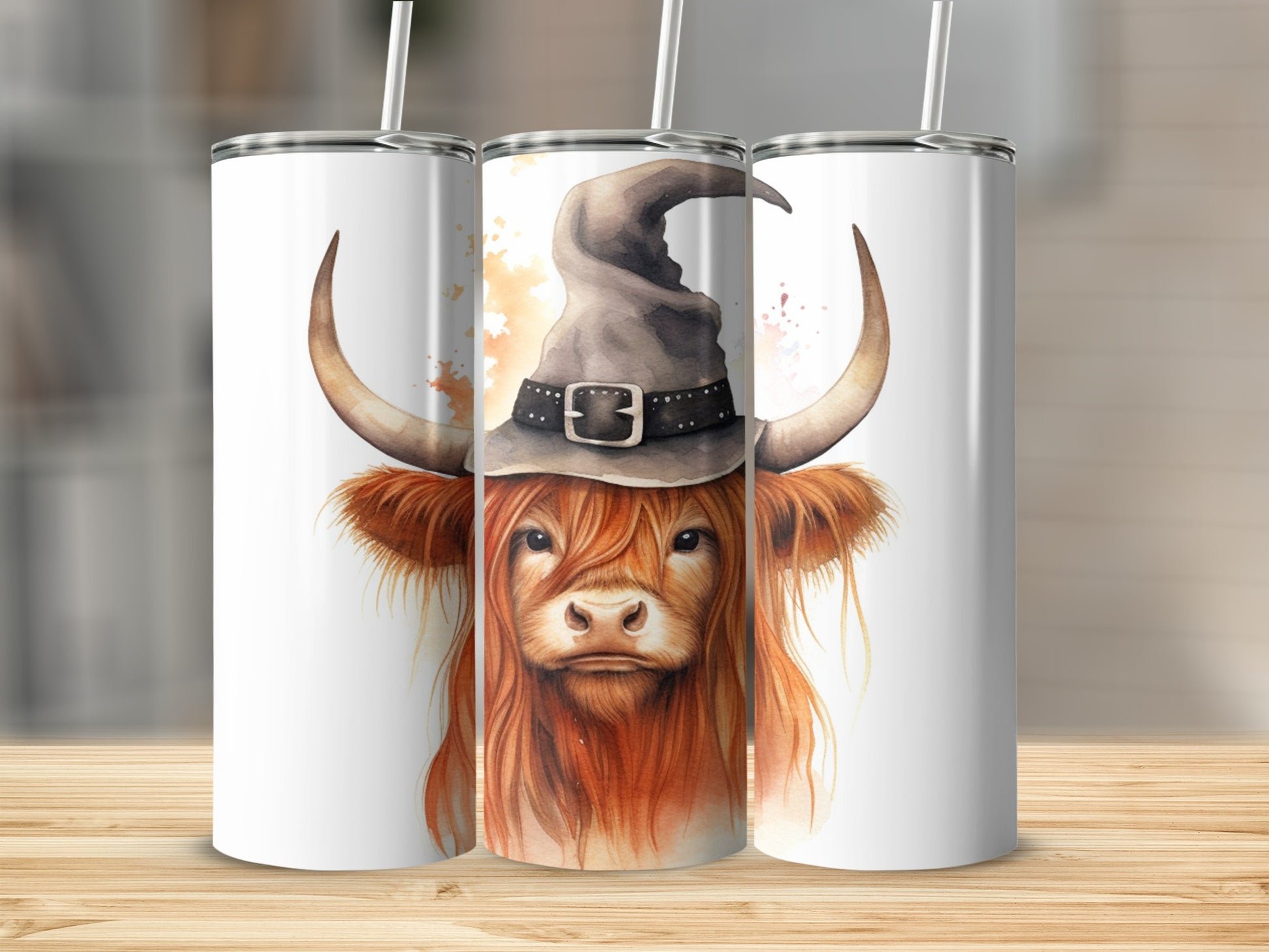Highland cow wearing a witch hat, close-up watercolor illustration.