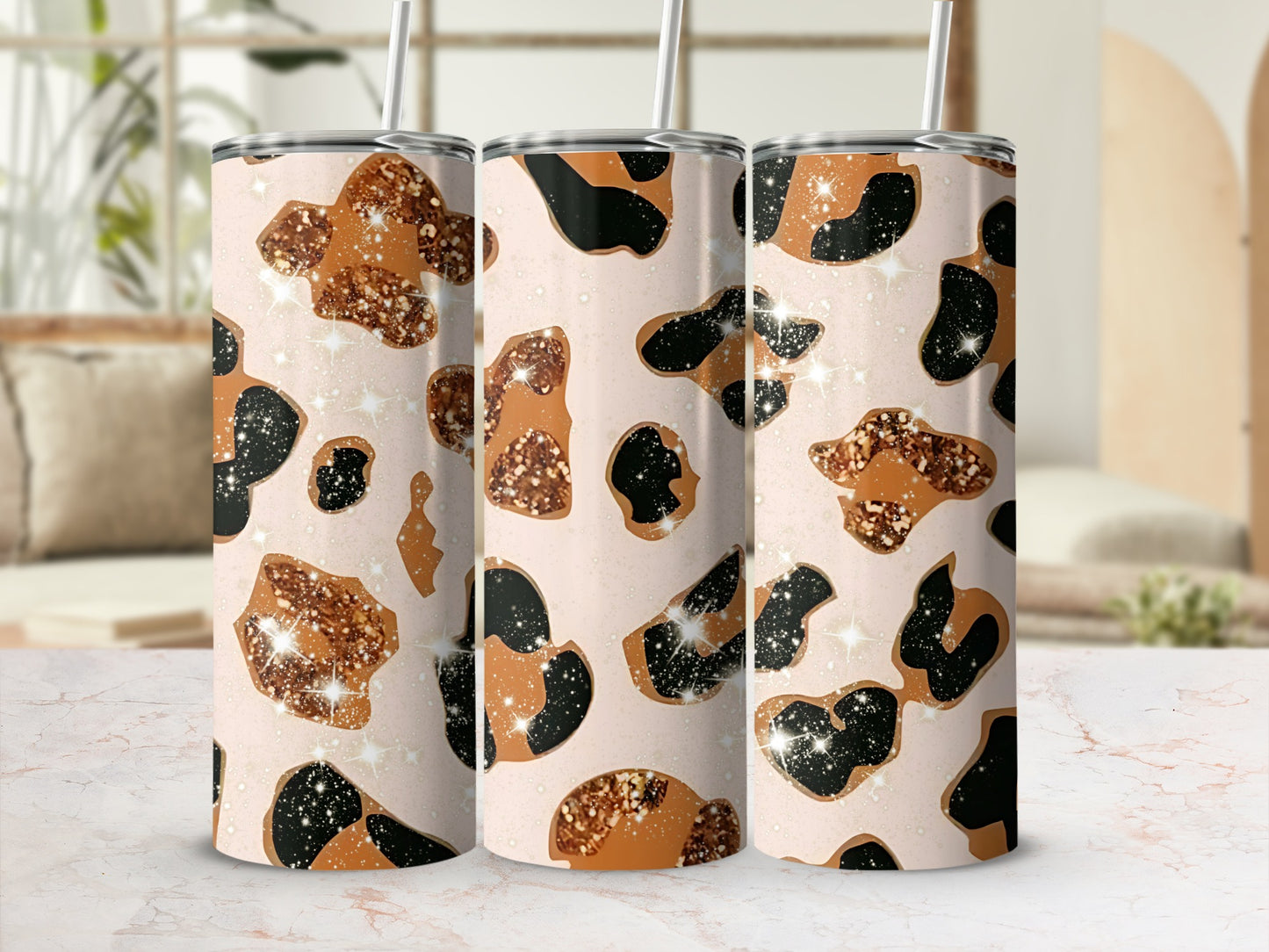 Glitter Leopard Tumbler with Straw Insulated Cup
