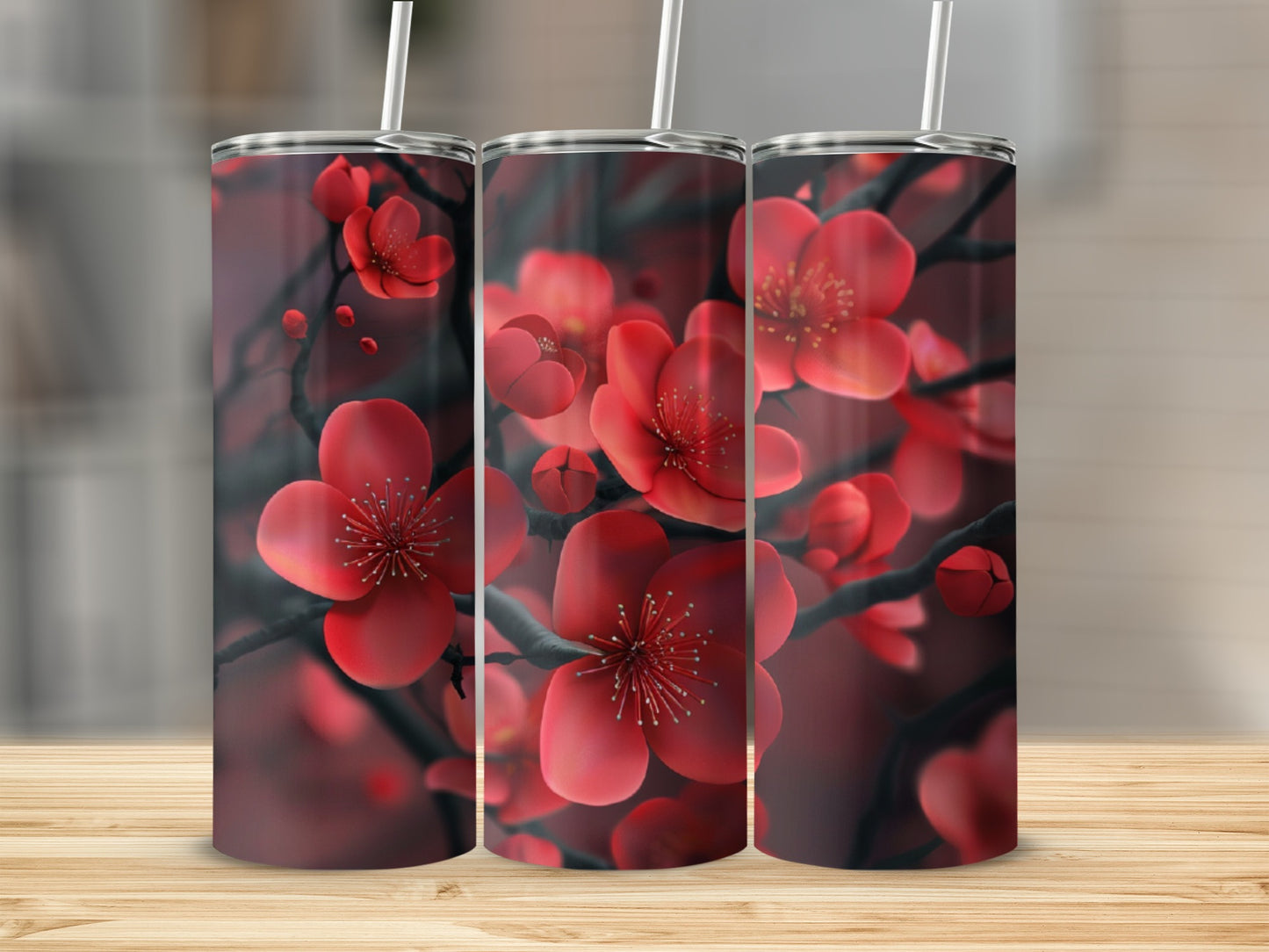 Red cherry blossoms on a dark background in a triptych design.