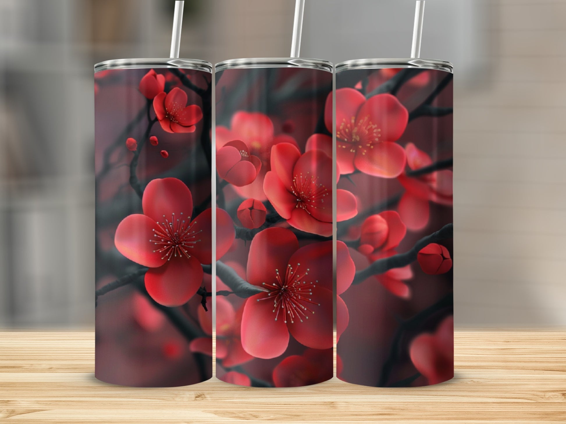 Red cherry blossoms on a dark background in a triptych design.