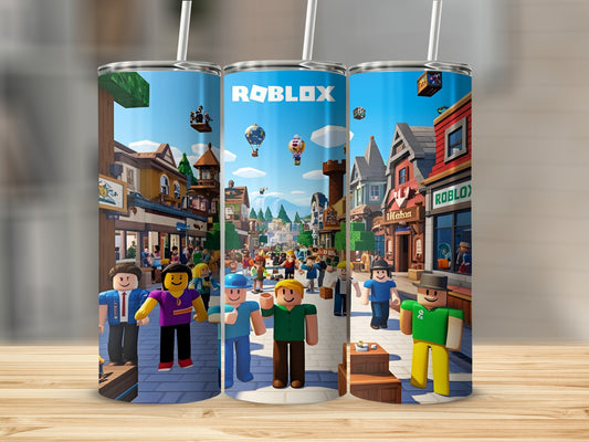 Roblox characters and scenes on a tumbler with straws.