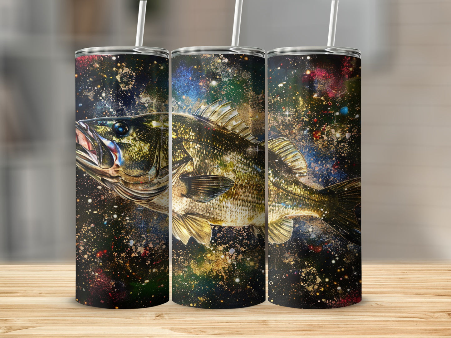 Largemouth bass fish design on three skinny tumblers with colorful cosmic background.