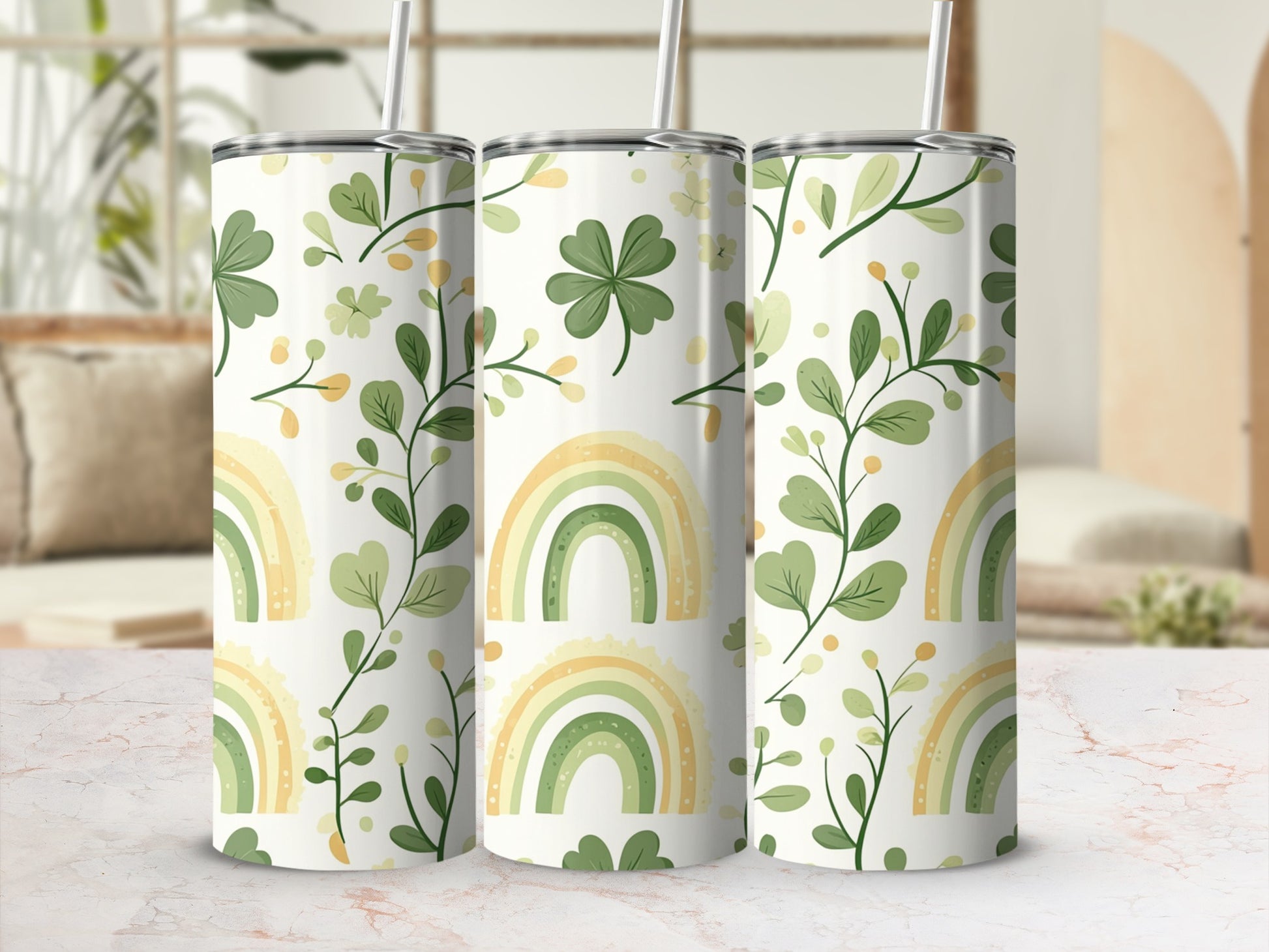 Three seamless tumblers with a green shamrock and rainbow pattern.