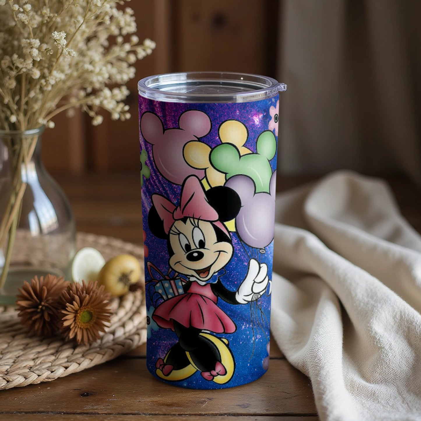 Cute Minnie Mouse Tumbler with Colorful Balloons Design