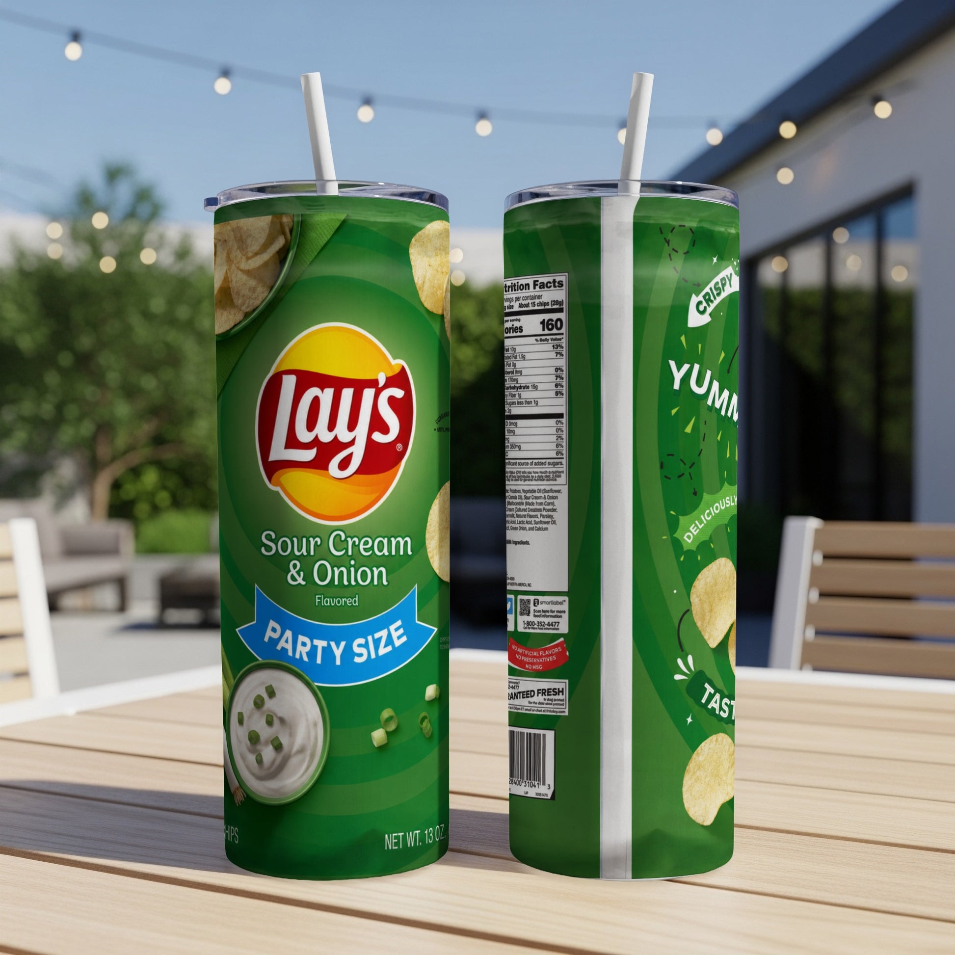 Lay's Sour Cream & Onion flavored chips Party Size tumbler with nutrition facts.