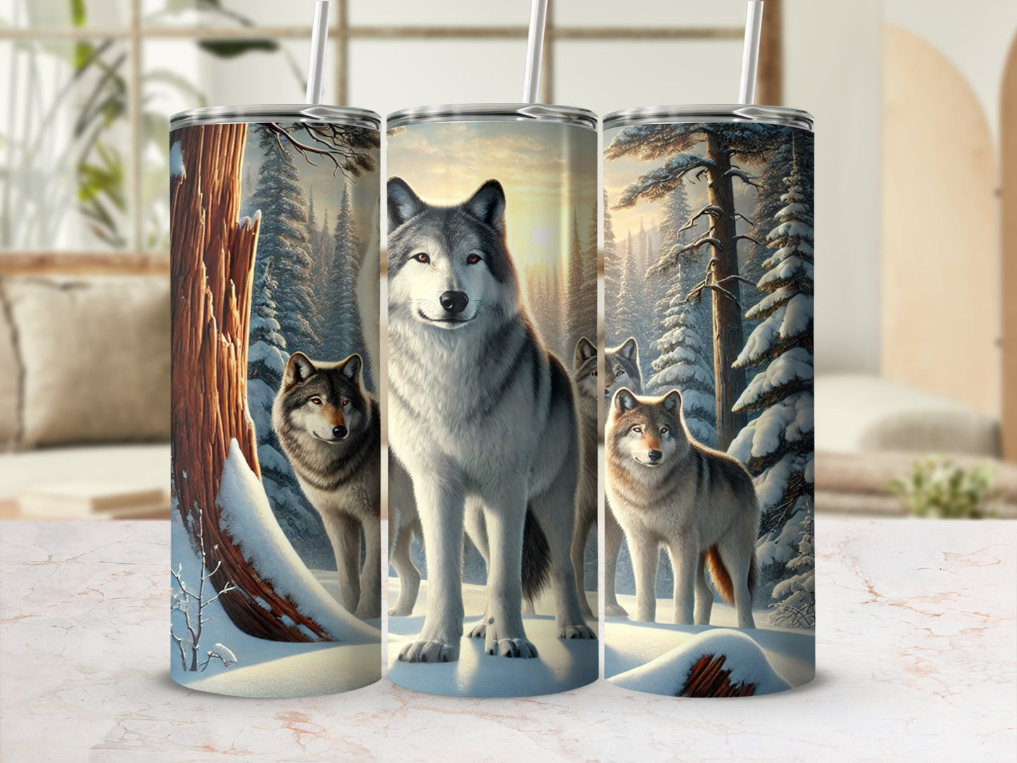 Majestic Wolf Trio in Winter Forest Tumbler Cup