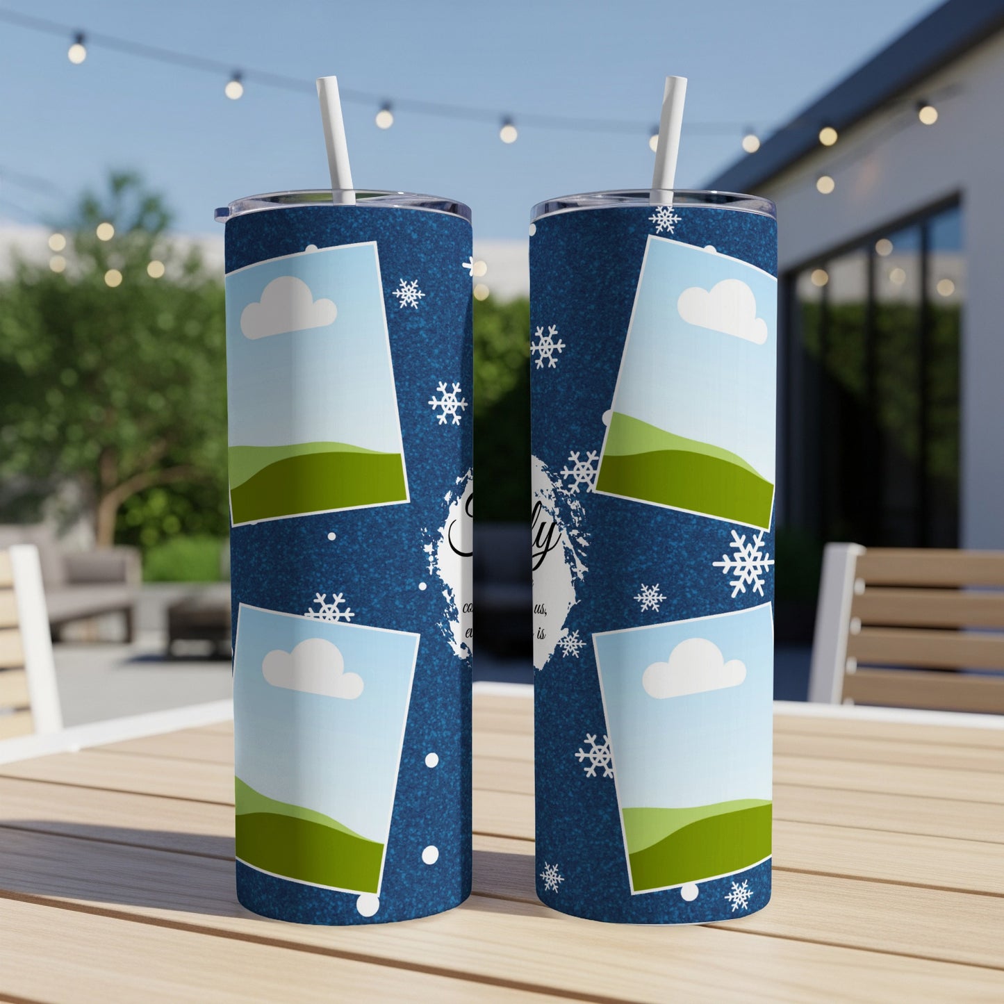 Two tumblers with a blue speckled design, snowflakes, and photo placeholders.