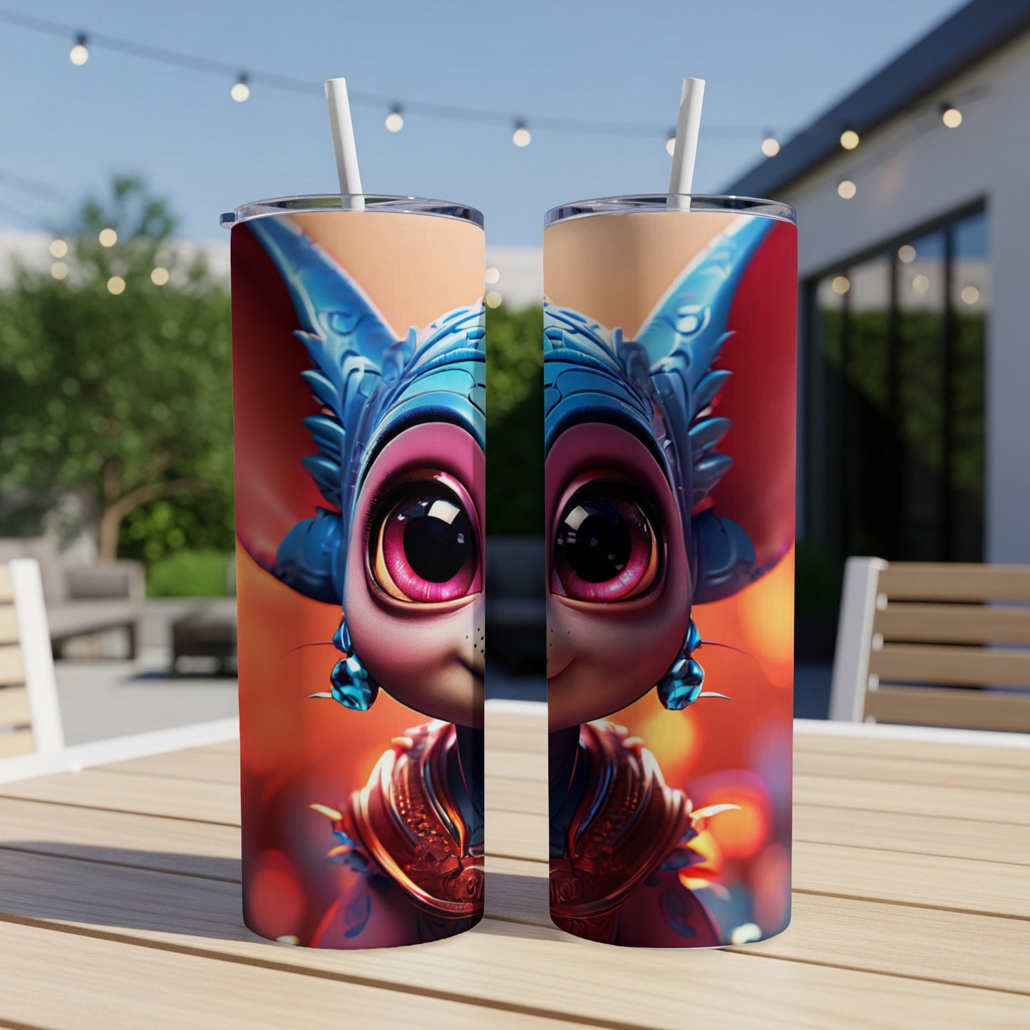 Two tumblers with a blue, large-eyed creature's face design.