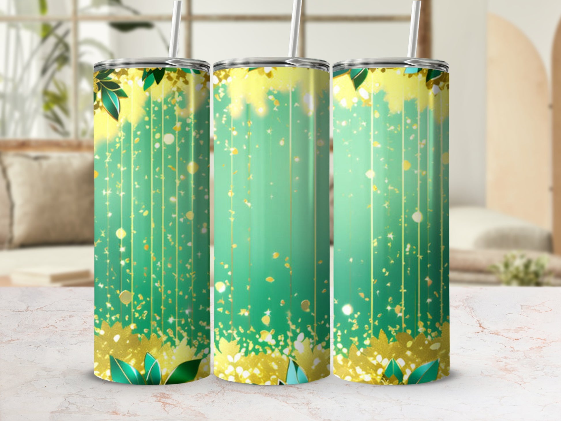 Green and gold glitter tumbler with floral accents and straw.