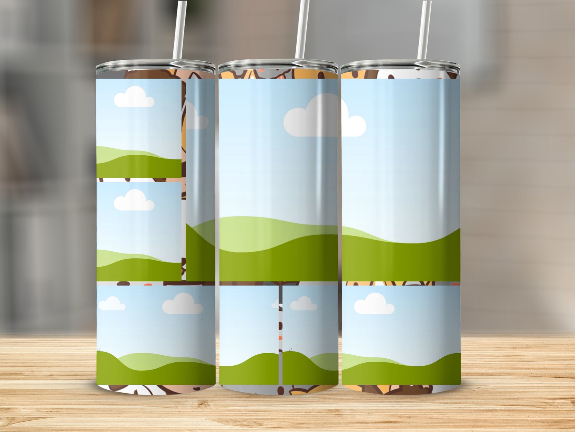 Three tumblers with a cartoon landscape and animal print design.