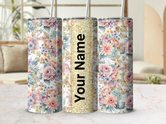 Personalized Floral Design Custom Tumbler with Straw