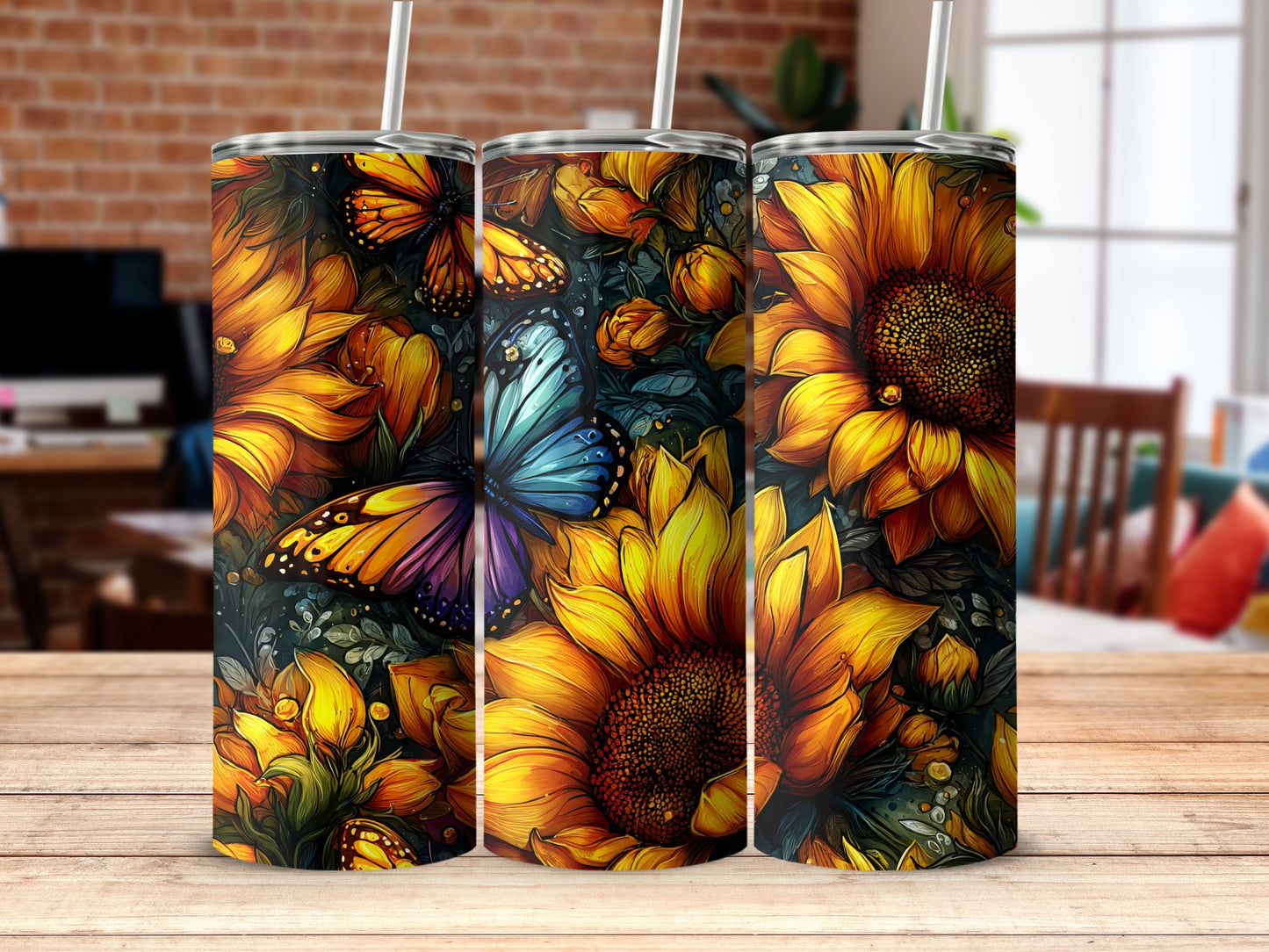Colorful Sunflower and Butterfly Tumbler Design