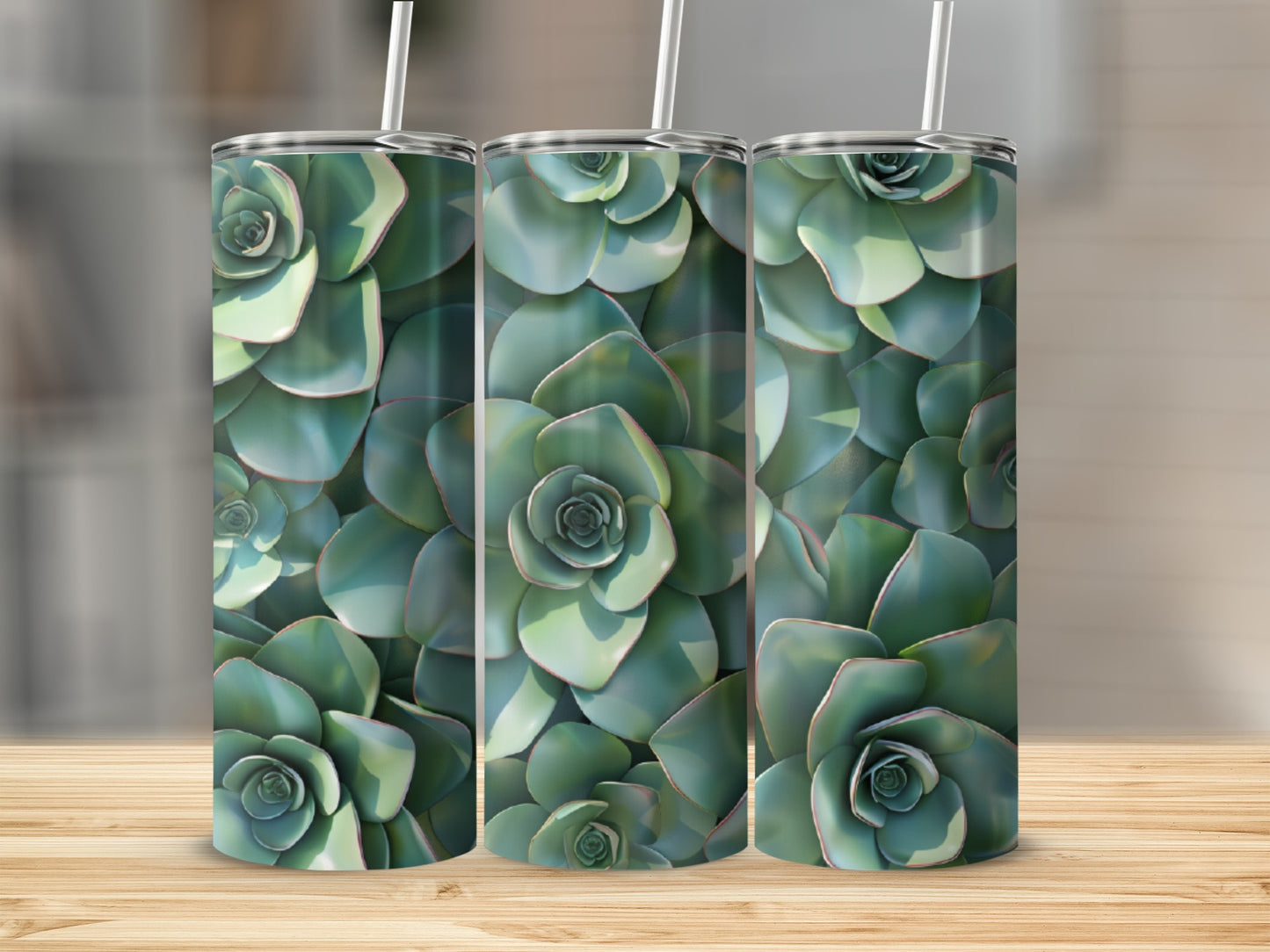 Three tumblers with a close-up succulent plant pattern.