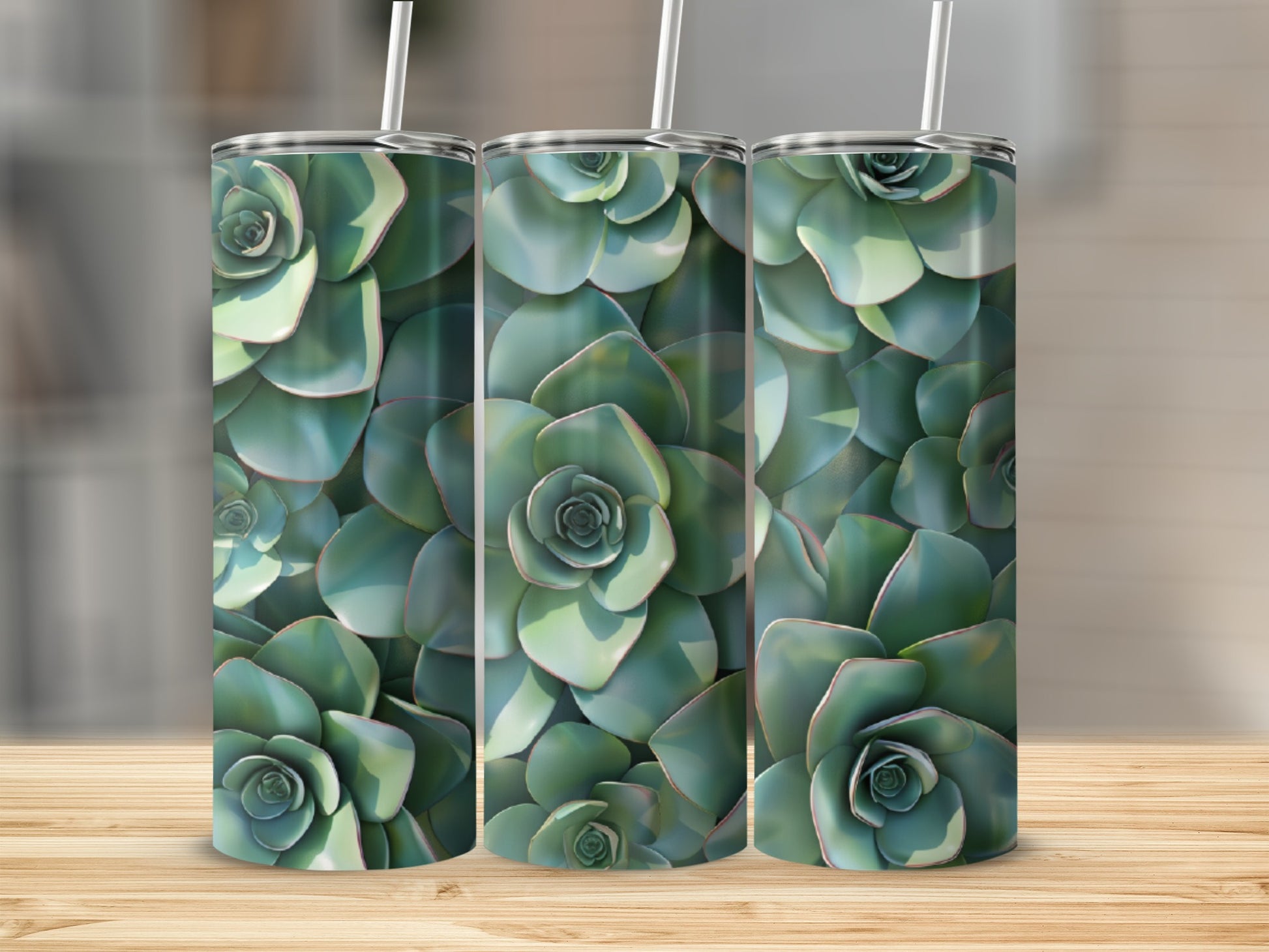 Three tumblers with a close-up succulent plant pattern.