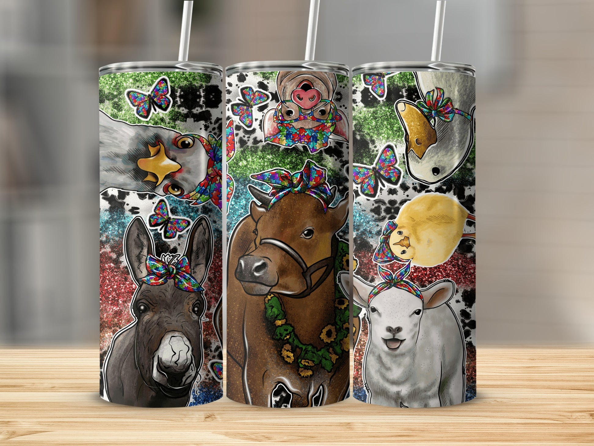 Farm animals with colorful scarves and butterflies on sparkly tumblers.