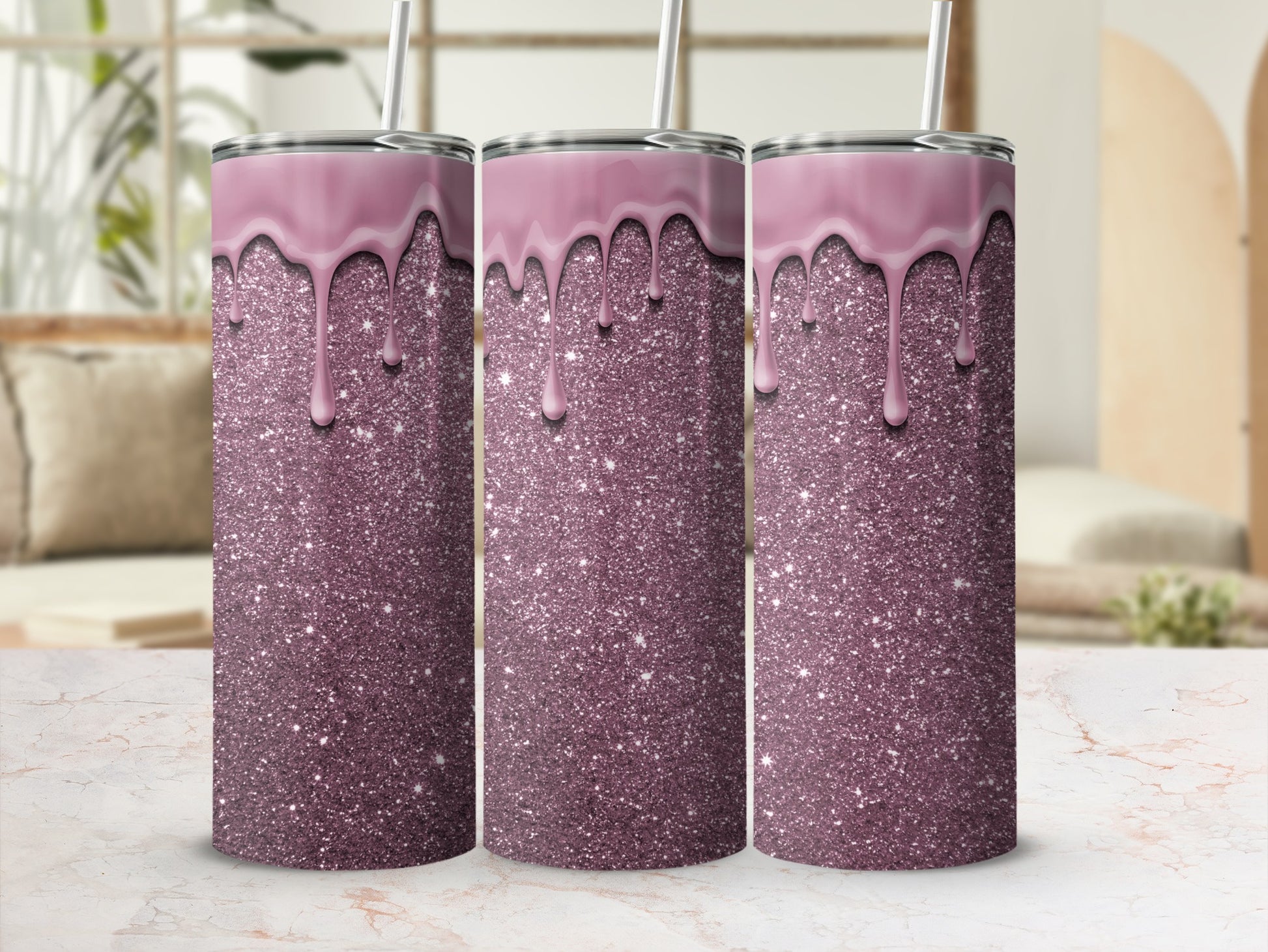 Glittering Purple Drip Tumbler with Stainless Steel Straw