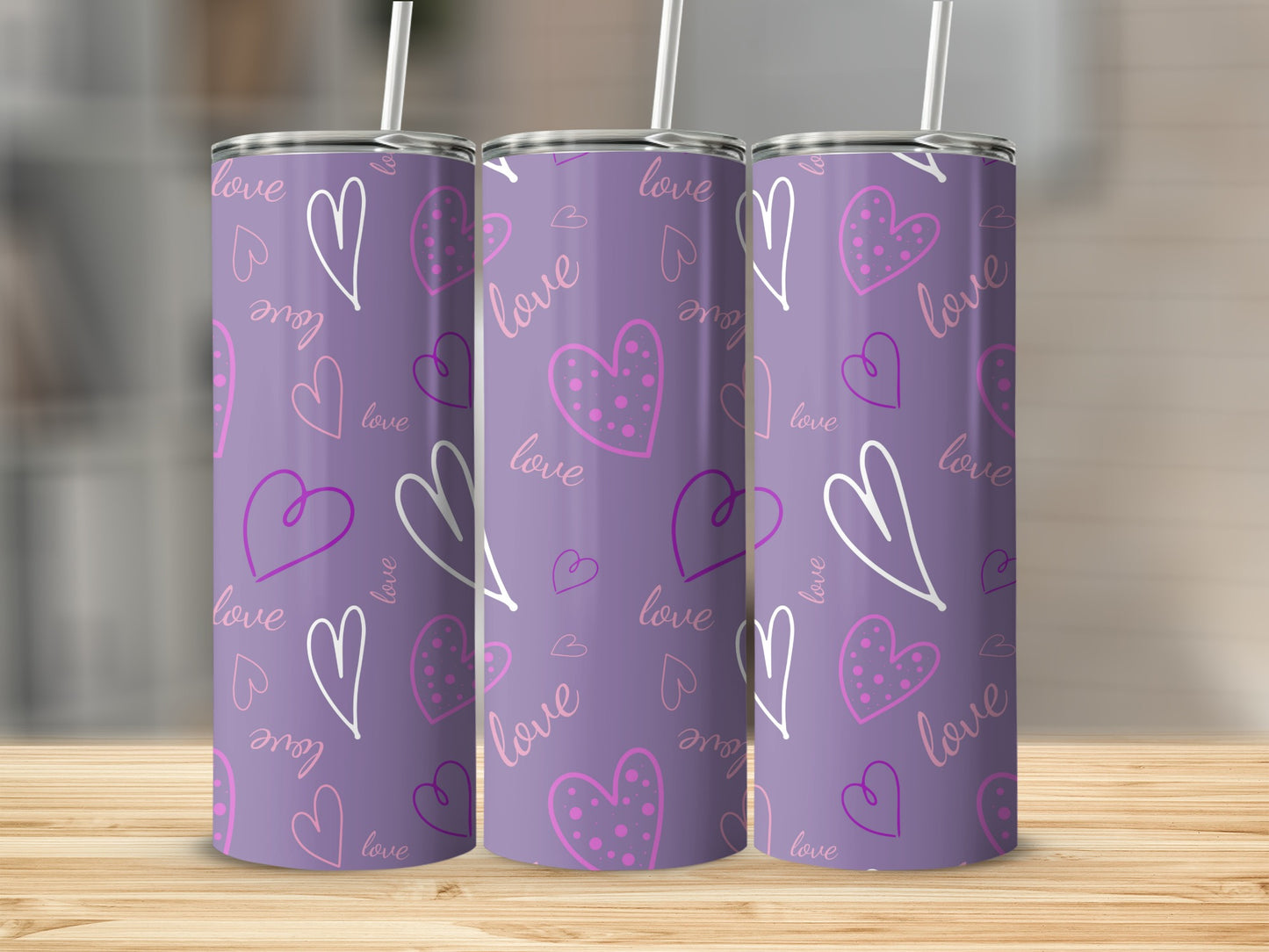 Purple Tumbler with Heart and Love Words Design