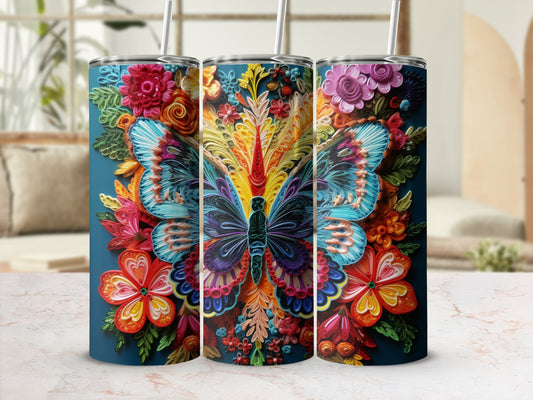 Three tumblers featuring a colorful butterfly and floral design.