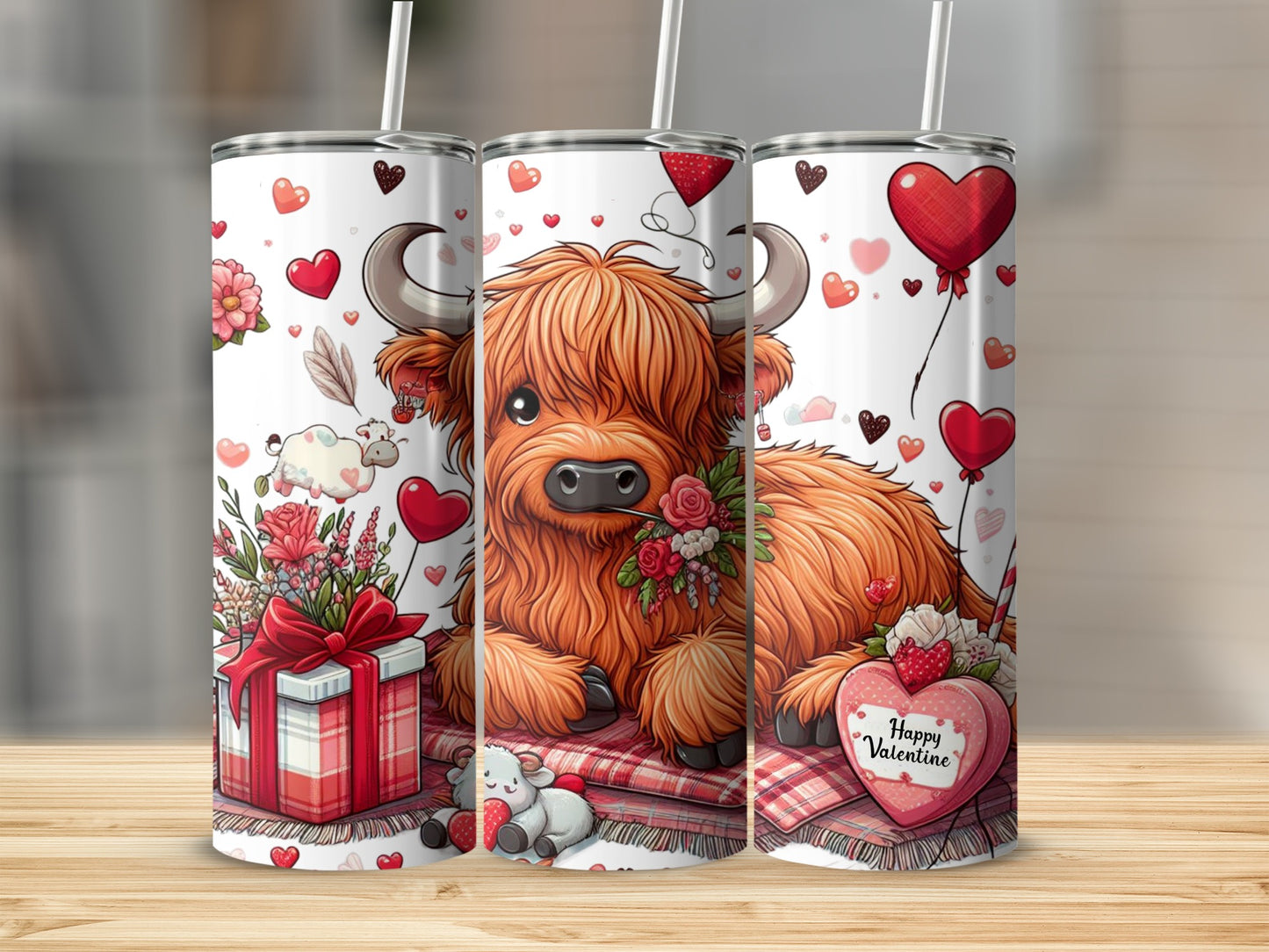 Highland cow with Valentine's bouquet and gift box.