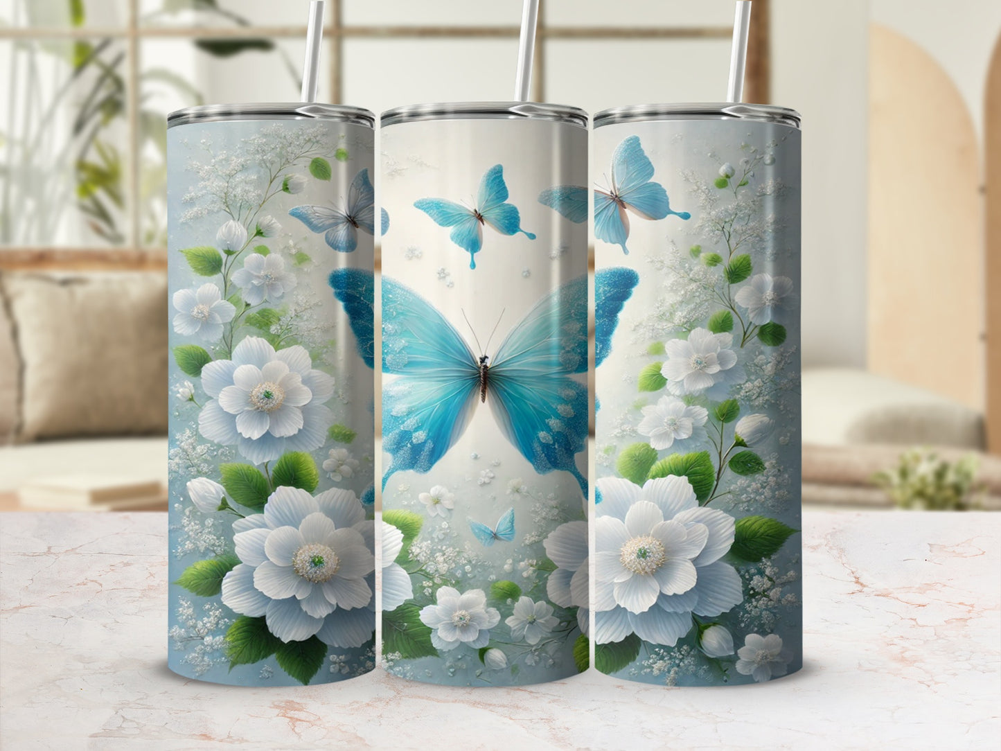 Blue Butterflies and White Flowers Artwork Tumbler